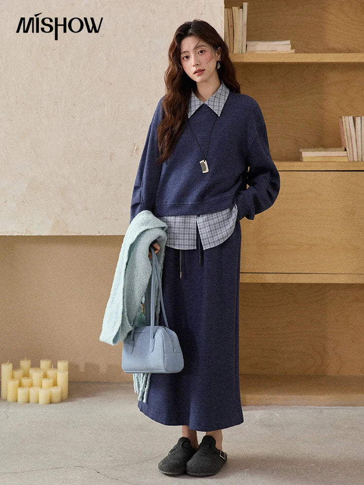 MISHOW Blue Plaid Sweatshirt Suit Women's 2025 Winter Fashion Turn-down Collar Knitted Top Straight Skirt Woman Sets MXE87T1445