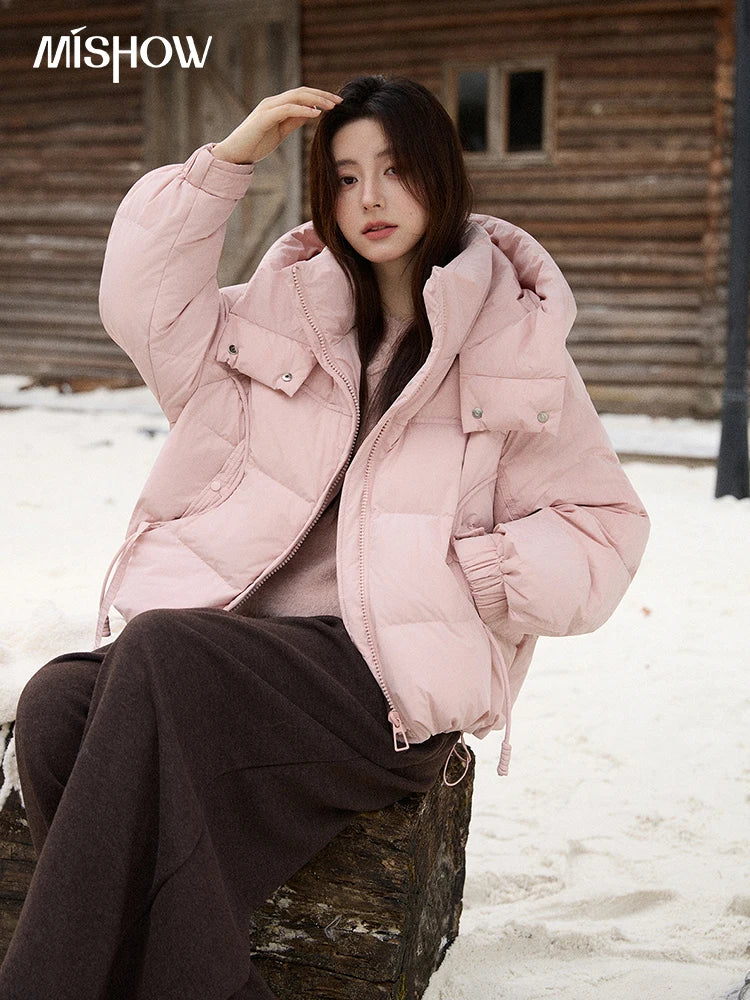 MISHOW Women's Lightweight Padded Jacket 2025 Winter 90%White Duck Down Puffer Jacket Hooded Warm Short Down Jacket MXE51Y0078