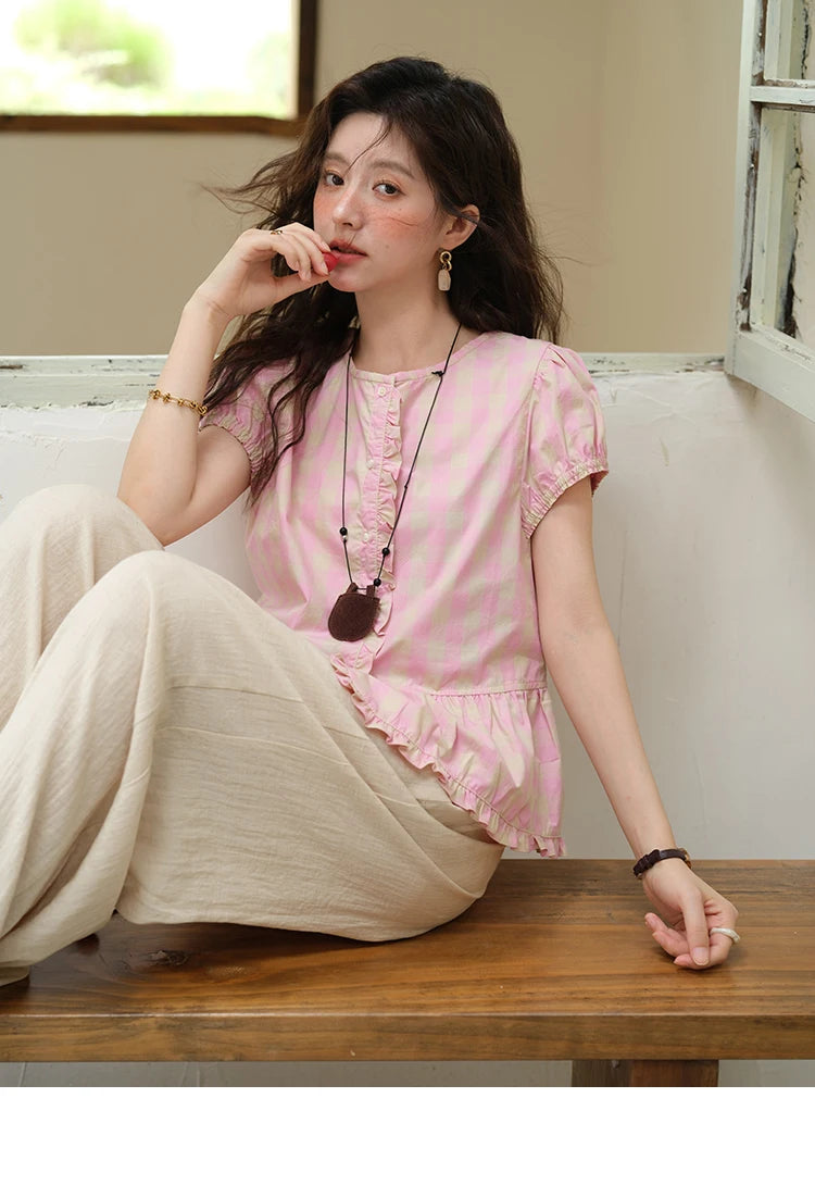 MISHOW Women's Puff Sleeve Plaid Button Shirt 2025 Summer New Fashion O-Neck Wood Ear Casual Shirt Cotton Pink Top MXE39X1932