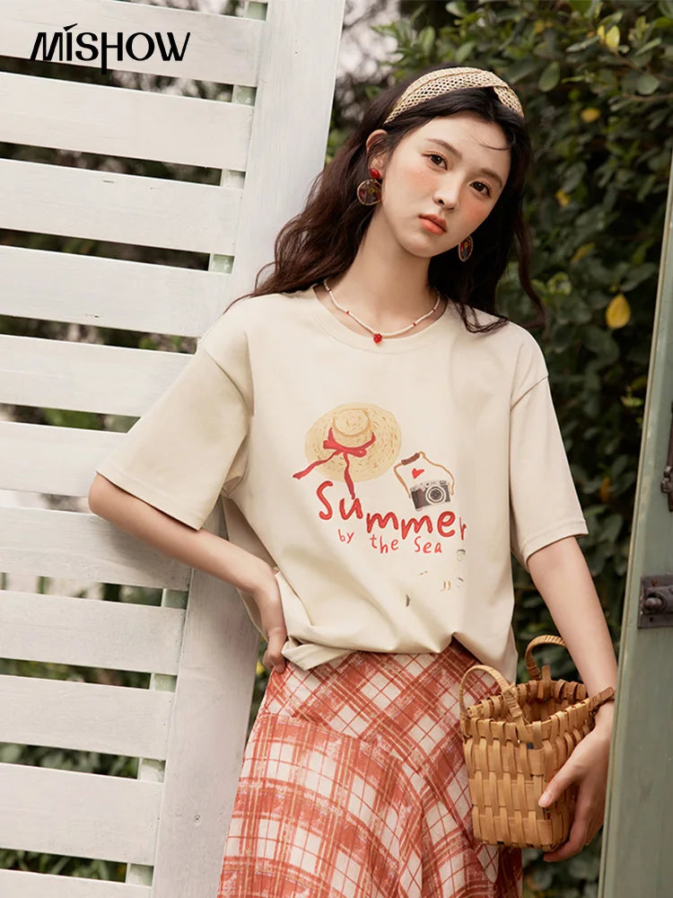MISHOW Women's Print T-shirt 2025 Summer New Loose Casual T-shirt Ladies Round Neck Short Sleeve Tee Female Clothing MXE34T0559