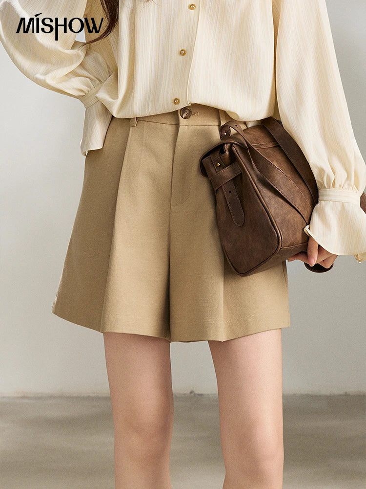 MISHOW Women's Khaki Wide Leg Shorts Spring High Waist Pleated Short Pants Back Elastic Waist Casual Loose Shorts MXF13K1202
