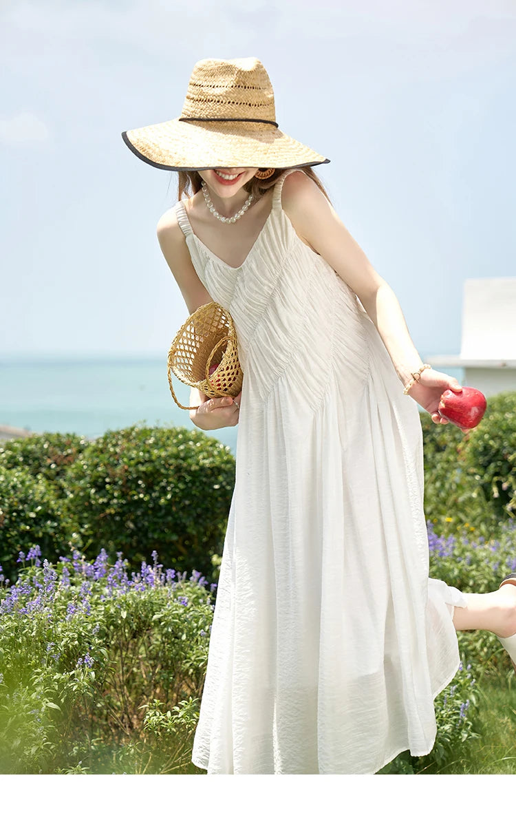 MISHOW French Retro Pleated Upper Suspender Dress for Women 2024 Summer Vacation Sleeveless Solid Mid Length Dresses MXD26L1939