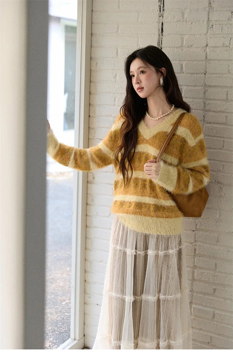 MISHOW Women's V-neck Knit Pullover Retro Yellow Striped Sweater 2025 Casual Faux Mink Jacquard Loose Knit Sweater MXE87Z2766
