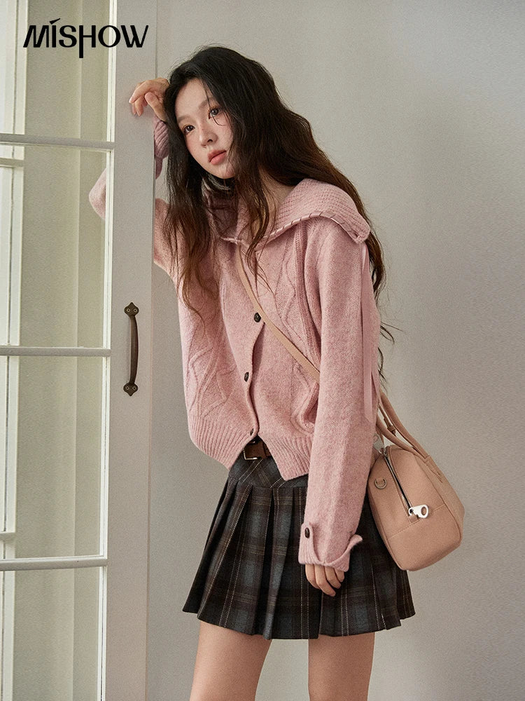 MISHOW Elegant Cardigan Women 2025 Fashion Large Turn-down Collar Long Sleeves Knit Cardigan Loose Autumn Cardigan MXE89Z2636