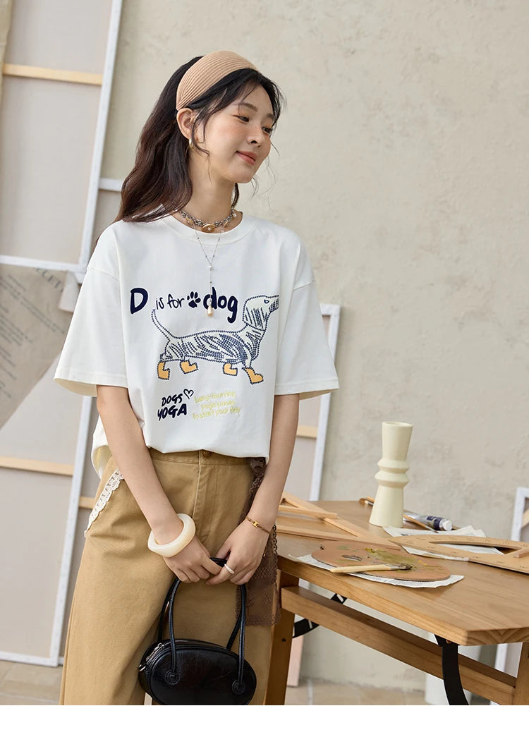 MISHOW Print Summer T-shirts Women 2025 Short Sleeve Round Neck Flocked Puppy Loose Shirt Female Casual Versatile Top MXE33T0542