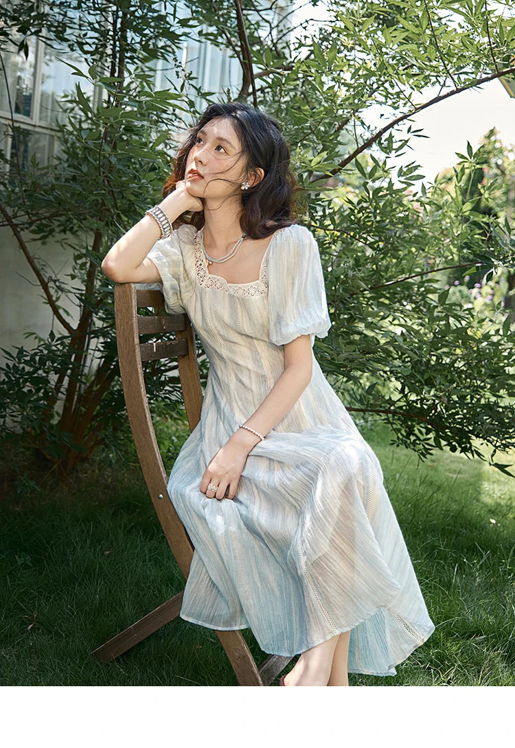 MISHOW Women's Summer Dress 2025 New Fashion Striped Square Neck Spliced Lace Hollow Out Dress Waist Lace Up Dresses MXE39L2403