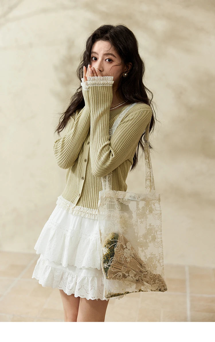 MISHOW Macaron Knitted Tops 2025 Spring Hollow Hook Flower Lace Splicing Tops Bow Embroidery O-neck Long Sleeve Tees MXE16Z1211