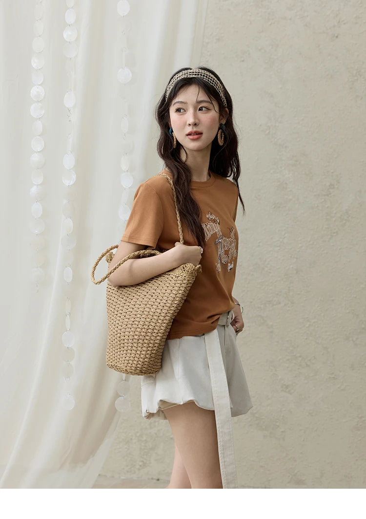 MISHOW Print Women‘s Summer T-shirts 2025 Short Sleeve Round Neck Loose Design Shirt Female Slim Embroidery Tops Lady MXE31T0550