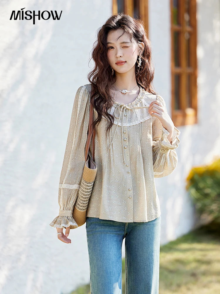 MISHOW Women's Floral Round Neck Shirts 2025 Spring Ruffled Collar Commuting Top Sweet Petal Sleeve Lace-up Shirts MXE14X1729