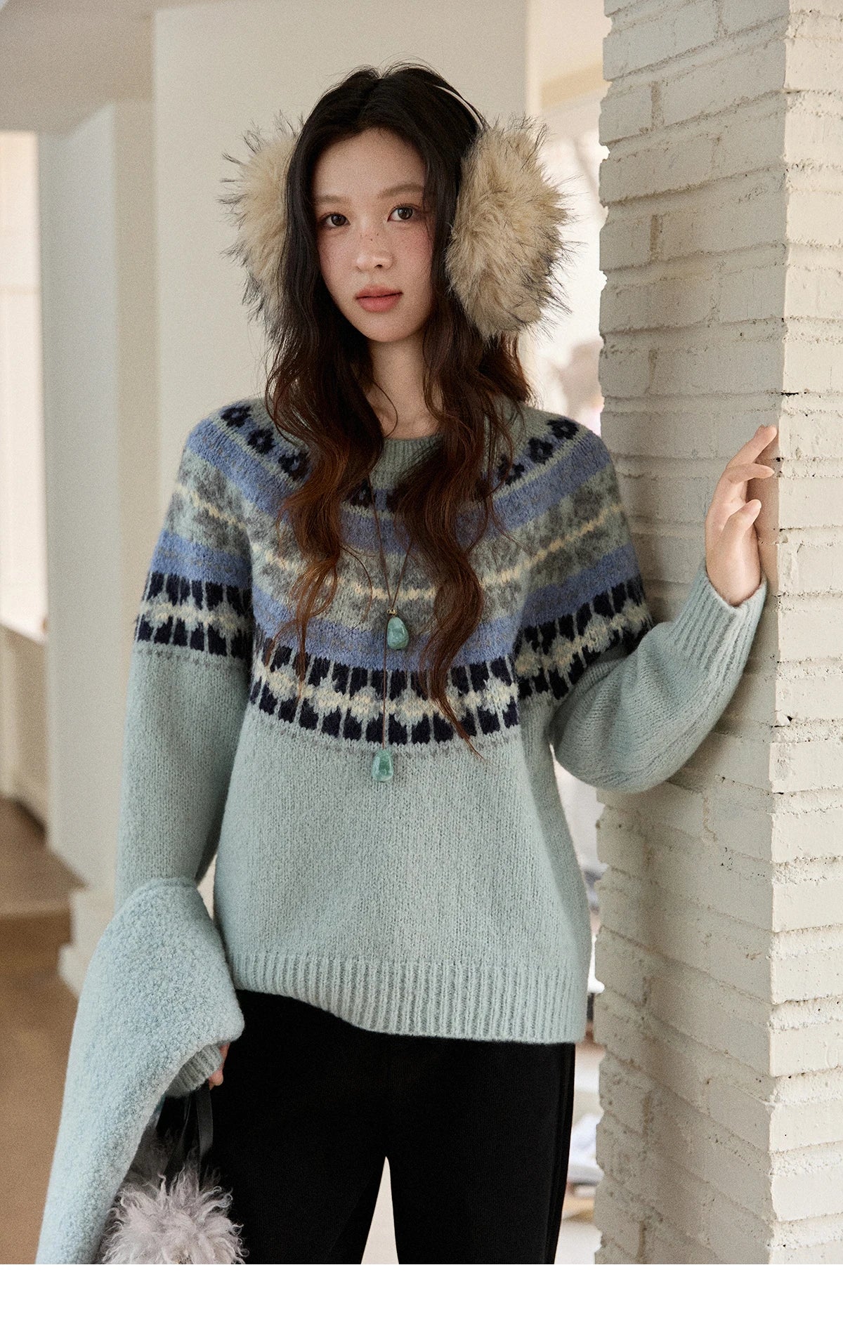 MISHOW Women's Blue Fair Isle Sweater 2025 Winter Geometric Jacquard Loose Retro Wool Blend Knit Pullovers Sweaters MXE87Z2767