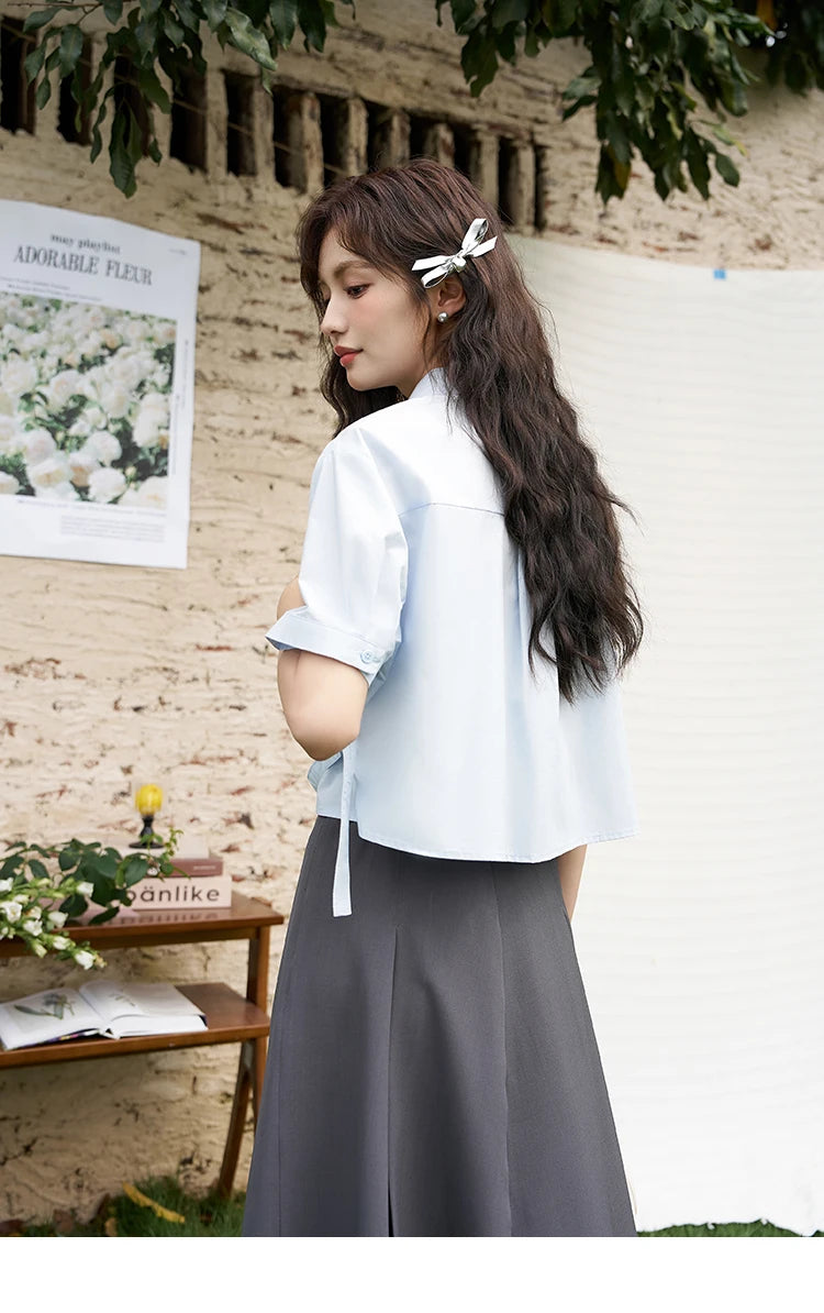 MISHOW Same Color Bow Embroidered Shirt Summer 2024 Lapel Collar Asymmetric Hem 100 Cotton Casual Short Sleeved Top MXD23C0257