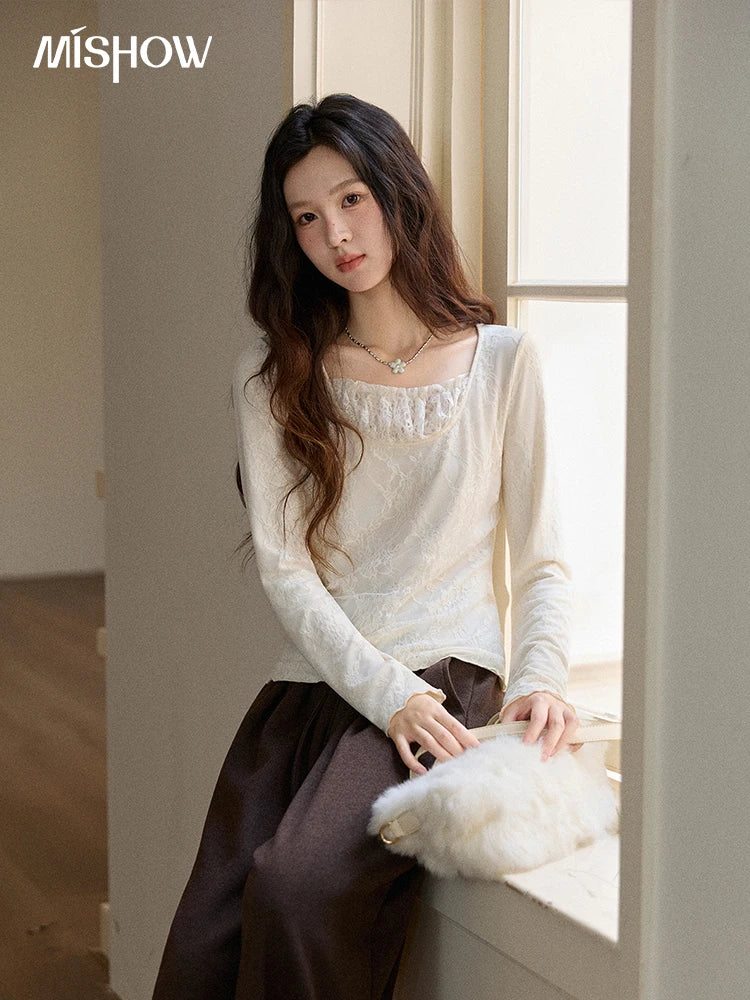 MISHOW Women Long Sleeve Tees 2025 Autumn Winter Elegant Beige Lace Patchwork Top Women Large U-neck Slim Fit Top MXE91X2514