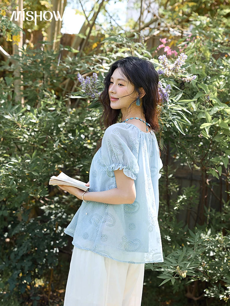 MISHOW Embroidery Flower Shirt for Women 2025 Summer New Fashion Loose Puff Sleeve Round Neck Top Female Clothing MXE39X1922