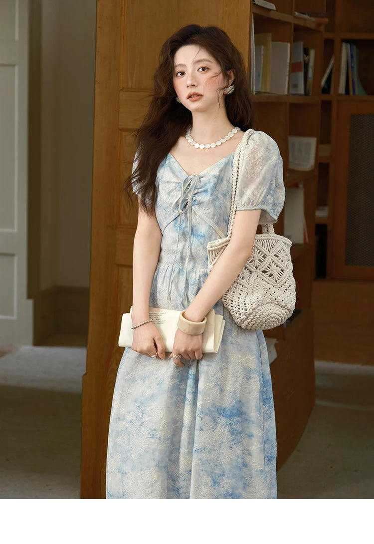 MISHOW Women's Fashion V-neck Lace Up French Dress 2025 Summer Puff Sleeve Embroidery Flower Dress Female Clothing MXE38L2379