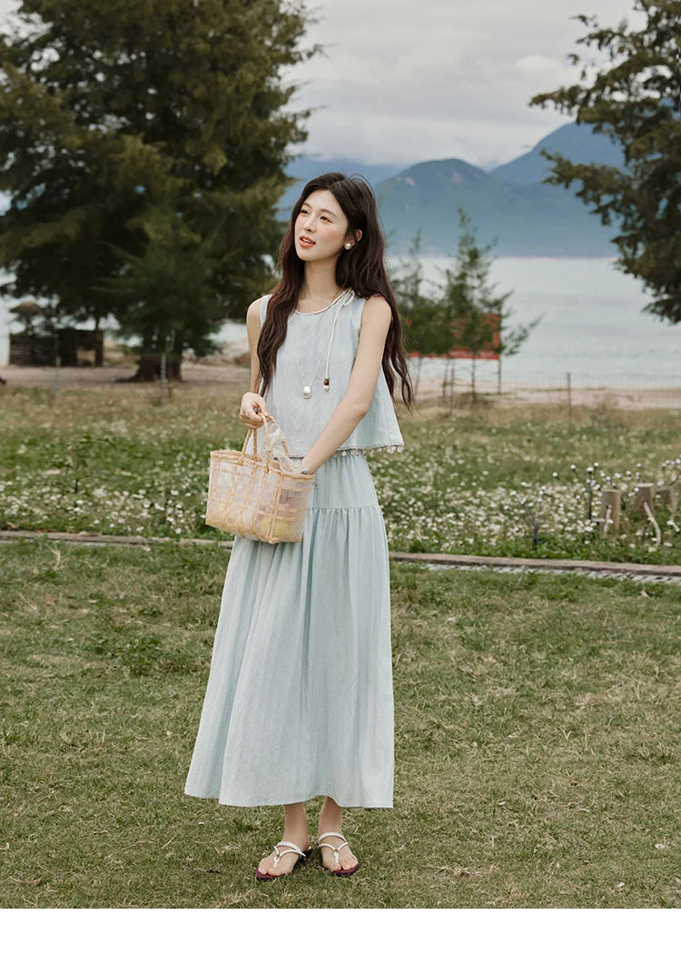 MISHOW Casual Vest Skirt Sets for Women Summer 2025 Sleeveless Round Neck Vests Solid Midi Skirts Female Fashion MXE33T0526