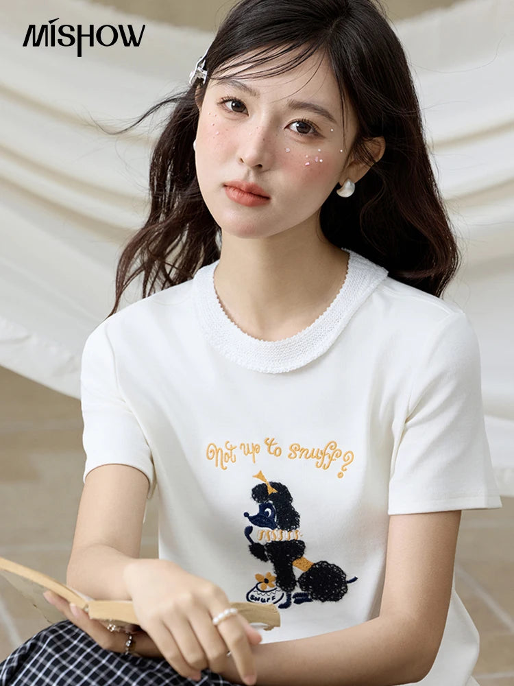 MISHOW Casual Summer Print Shirt Women New 2025 Round Neck Short Sleeve Dog Embroidered T-shirts Female Fashion Tops MXE33T0540