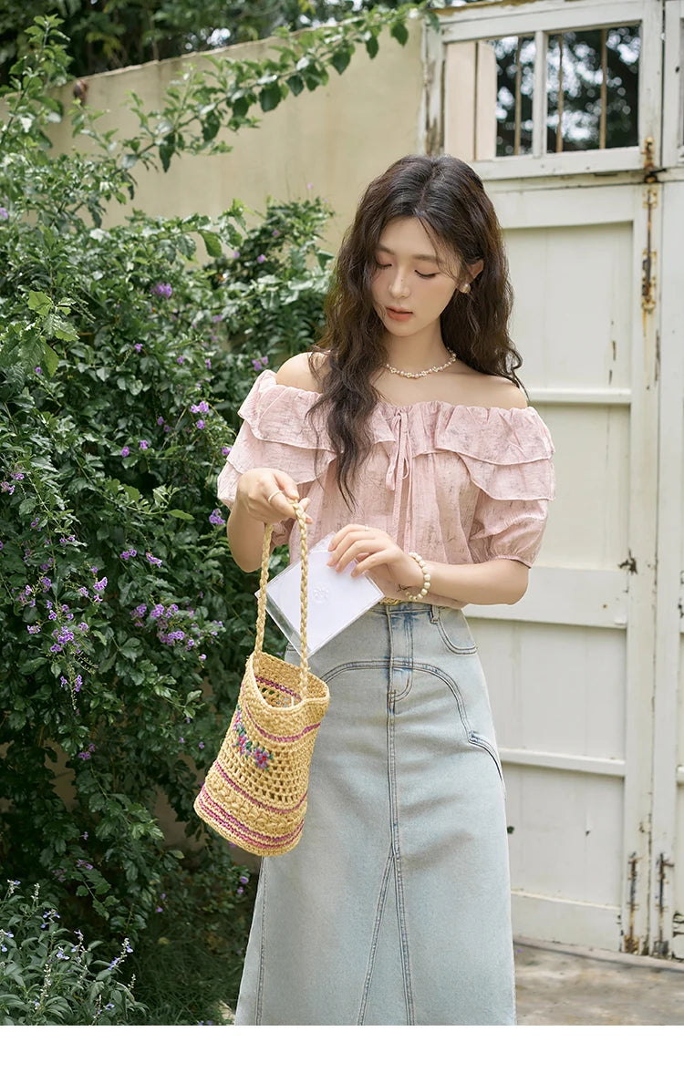 MISHOW French Retro Floral Short Sleeve Blouses Summer 2025 Loose One Line Shoulder Ruffled Edge Lace Up Sweet Top MXD25X1520