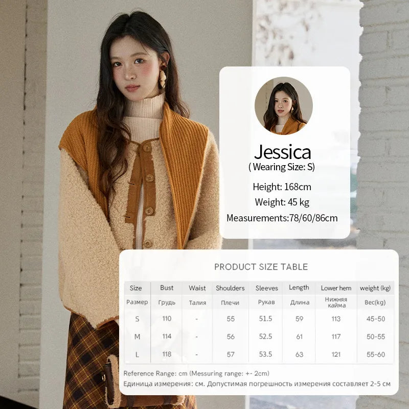 MISHOW Lamb Wool Jacket with Color Blocking Knitted Shawl for Women Winter 2025 Warm Thickened Fur One-piece Coats MXE91W0969