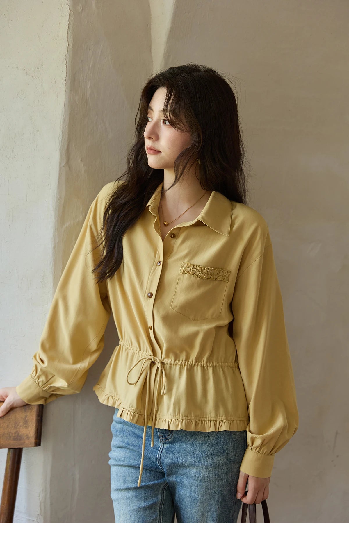 MISHOW Autumn French Drawstring Waist Shirt 2025 Yellow Hem Lotus Leaf Top Female Lapel Lantern Sleeve Commuter Shirt MXE42C2368