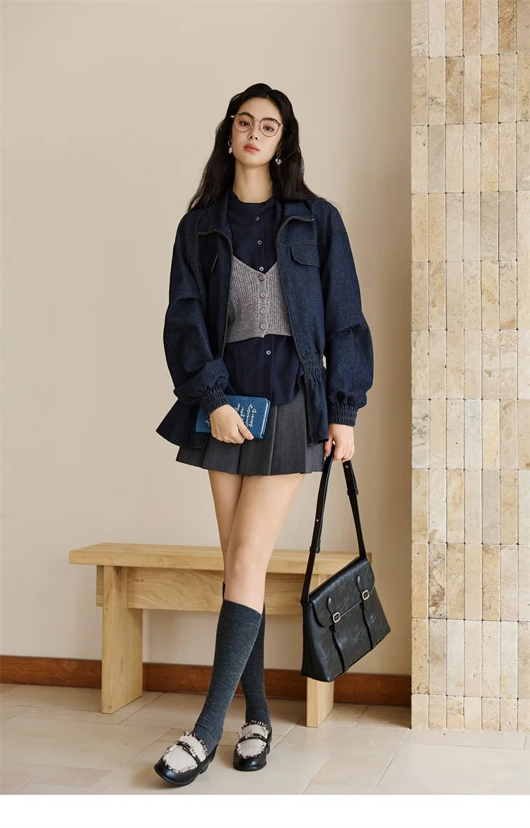 MISHOW Woman Shirt Set 2025 Autumn Fashion New Navy Blue Ribbon Design Layered Shirt Knit Camisole Two-piece Suit MXE47T1412