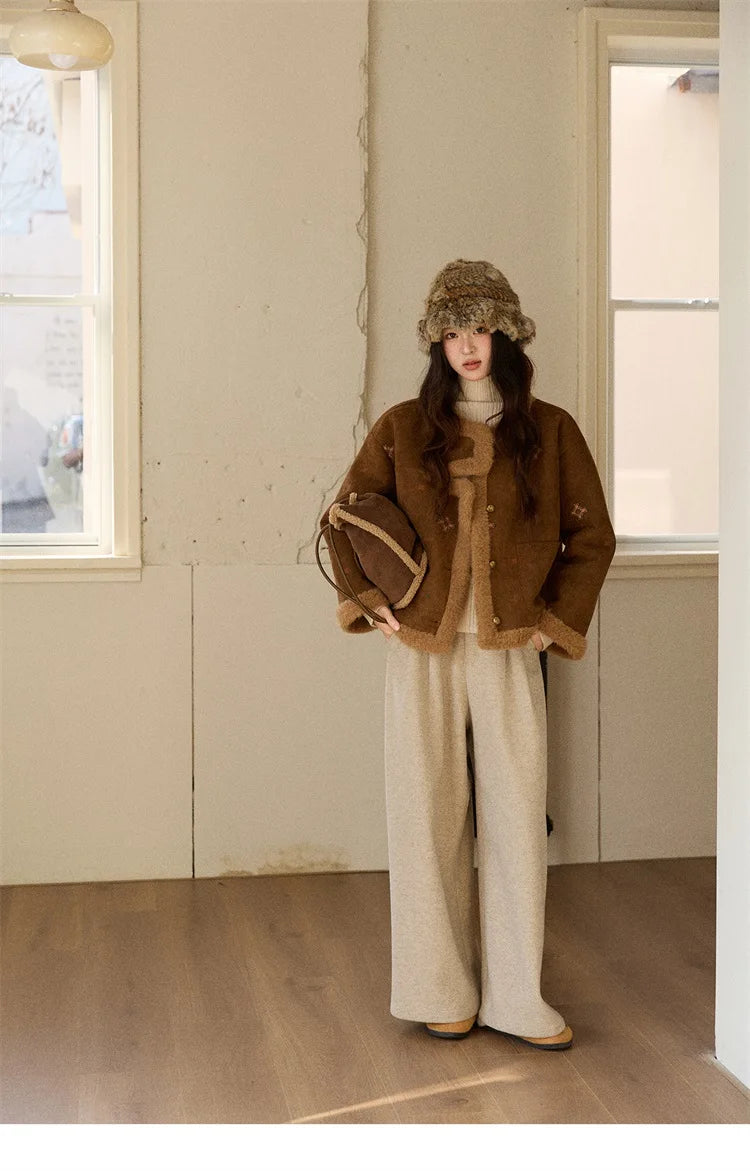 MISHOW Women's Winter Pants 2025 Retro Trousers with Three-dimensional Pleats Pants Pocket Decoration Wide Leg Pants MXE90K1129