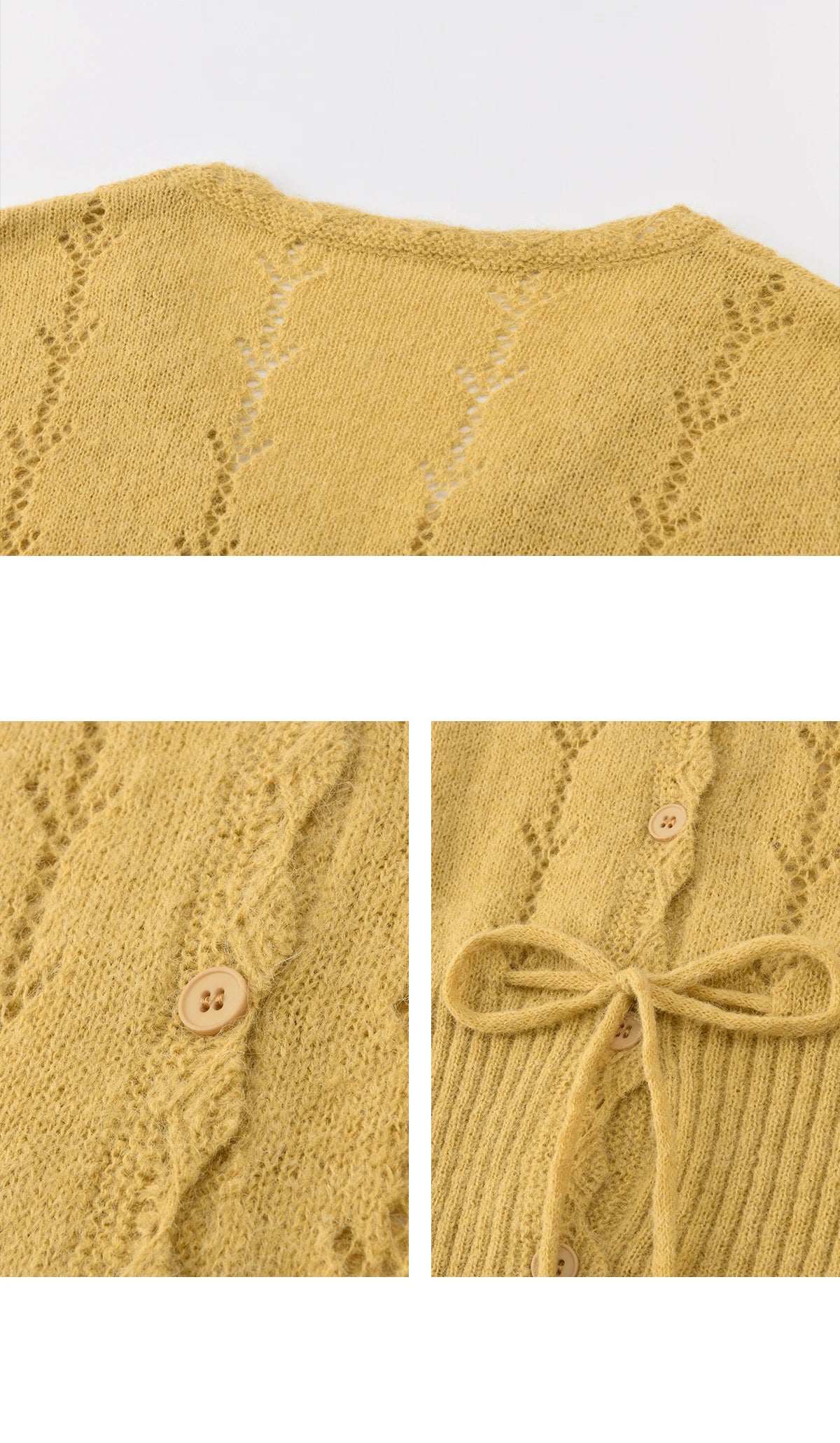 MISHOW Women's Yellow Knitted Cardigan 2026 Spring Hollow Out V-Neck Drawstring Waist Long Sleeve Casual Loose Tops MXF108Z1022