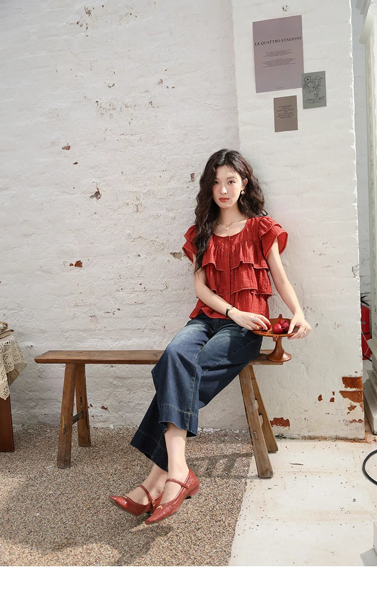 MISHOW Women's French Square Collar Blouses 2024 Summer Retro Red Ruffle Lace Cake Top Puff Sleeve Solid Sweet Blouse MXD30X1488