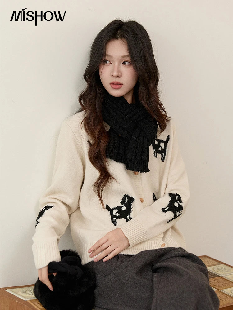 MISHOW Women's Puppy Jacquard Knit Cardigan 2025 Winter Single-breasted Crew Neck Top Warm Loose Sweaters Office Lady MXE93Z2950