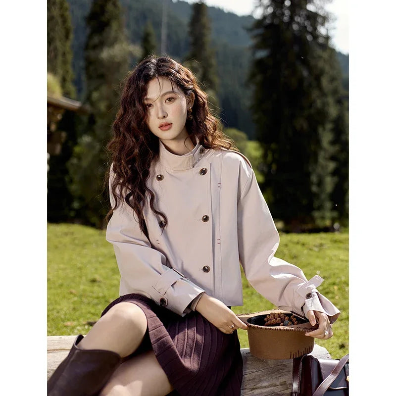 MISHOW Women's Short Fragrant Windbreaker Jacket 2024 Autumn Korean Stand Collar Double Row Placke Trench Streetwear MXD42W0386