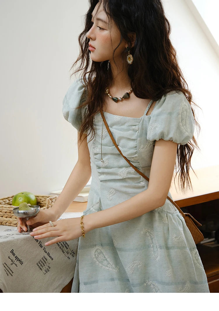 MISHOW Fashion Embroidery A-line Dress for Women 2025 Summer Puff Sleeve Square Neck Vacation Dresses Female Clothing MXE34L2265