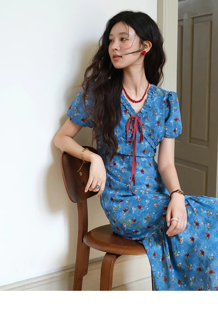 MISHOW Women's V-neck Lace Up Dress 2025 Summer New Female Fashion Puff Sleeve Chiffon Print Dresses Ladies Clothing MXE39L2401