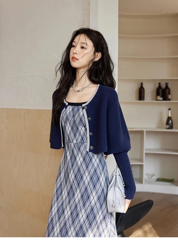 MISHOW French Vintage Dress O Neck Knitted Cardigan Separately Women Sweet Knitted Short Sweater Plaid Camisole Dress MXD43L2012