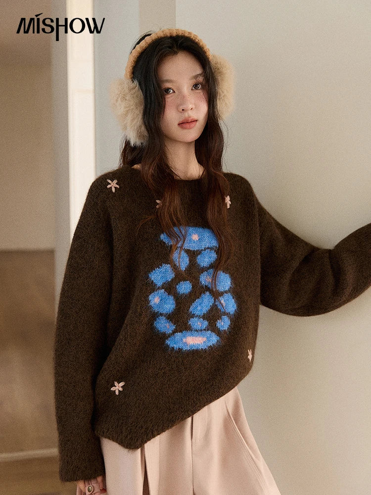 MISHOW Women's Lucky Bottle Jacquard Wool Warm Sweater 2025 Winter 3D Floral Color Block Retro Thickened Knitwear MXE91Z2840