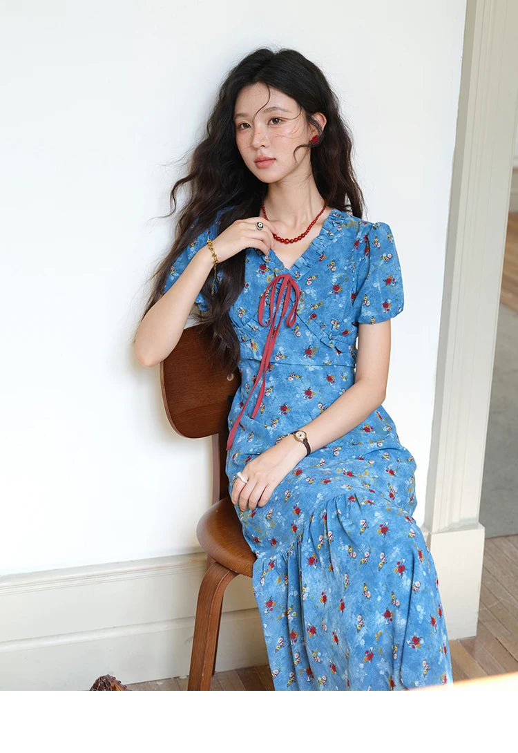 MISHOW Women's V-neck Lace Up Dress 2025 Summer New Female Fashion Puff Sleeve Chiffon Print Dresses Ladies Clothing MXE39L2401