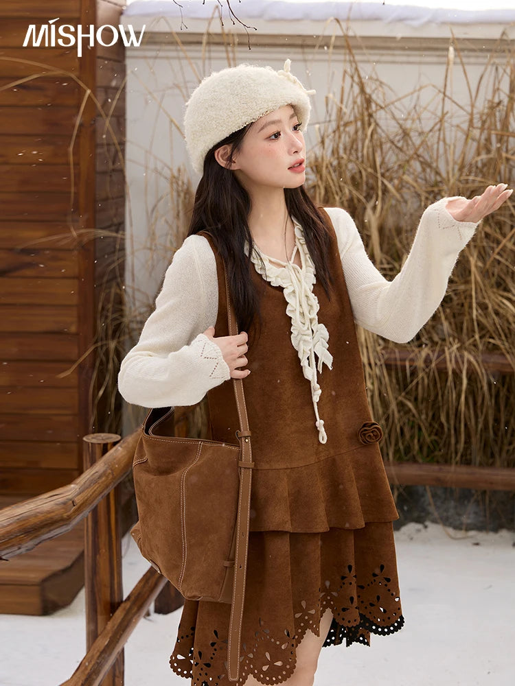 MISHOW Women's Elegant Brown Retro Suede Vest Dress 2025 Autumn Winter Hollow Out V-Neck Tank Dress Sleeveless Dress MXE51L2524