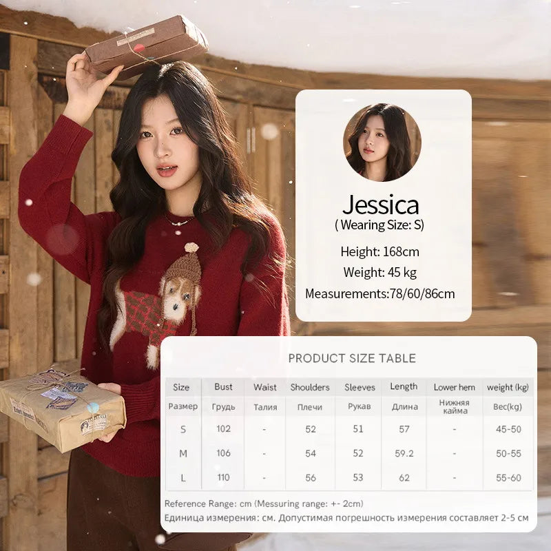 MISHOW New Year Women's Red Knitted Sweater 2025 Autumn Winter Dog Pattern Crew Neck sweaters Warm Loose Pullover Top MXE93Z2811