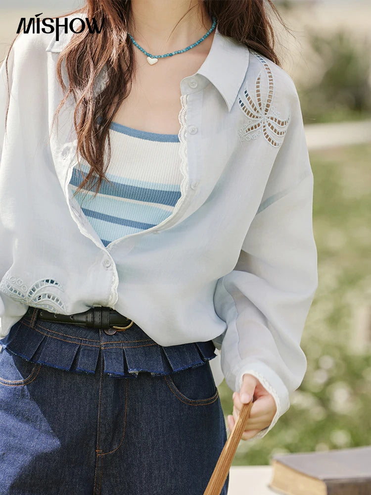 MISHOW Blue Office Lady Shirts Women 2025 Summer New Round Neck Long Sleeve Hollow Embroidery Blouses Female Fashion MXE31C0775