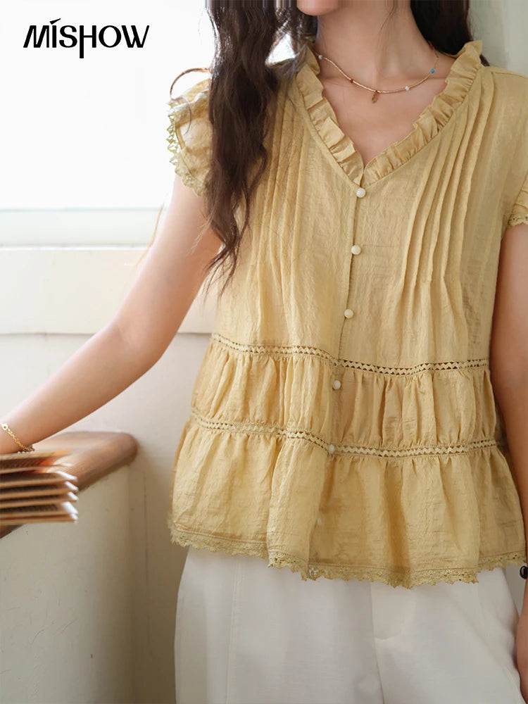 MISHOW Women's Summer Shirt 2025 New Wood Ear V-neck Flying Sleeve Shirt Casual Wrinkle Spliced Button Ladies Top MXE37X1908