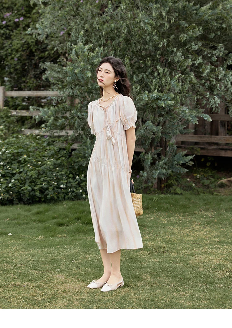 MISHOW French Summer Dress Women 2025 New V-neck Short Puff Sleeve Hollow Gradient Dresses Female Fashion Slimming MXE31L2166