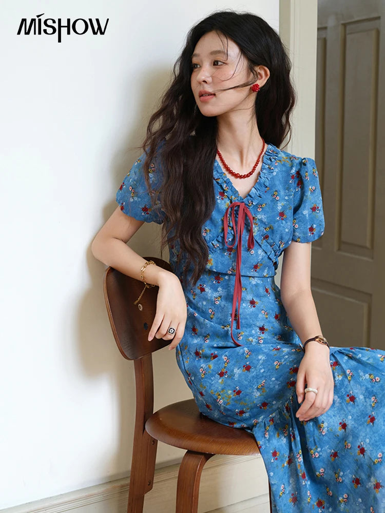 MISHOW Women's V-neck Lace Up Dress 2025 Summer New Female Fashion Puff Sleeve Chiffon Print Dresses Ladies Clothing MXE39L2401