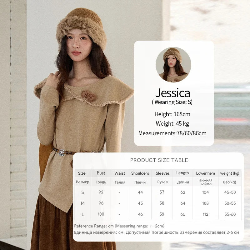 MISHOW Women's Long-sleeved Tops 2025 Winter Retro Brown Three-dimensional Flower Decoration Round Neck Knitted Tops MXE51Z2593