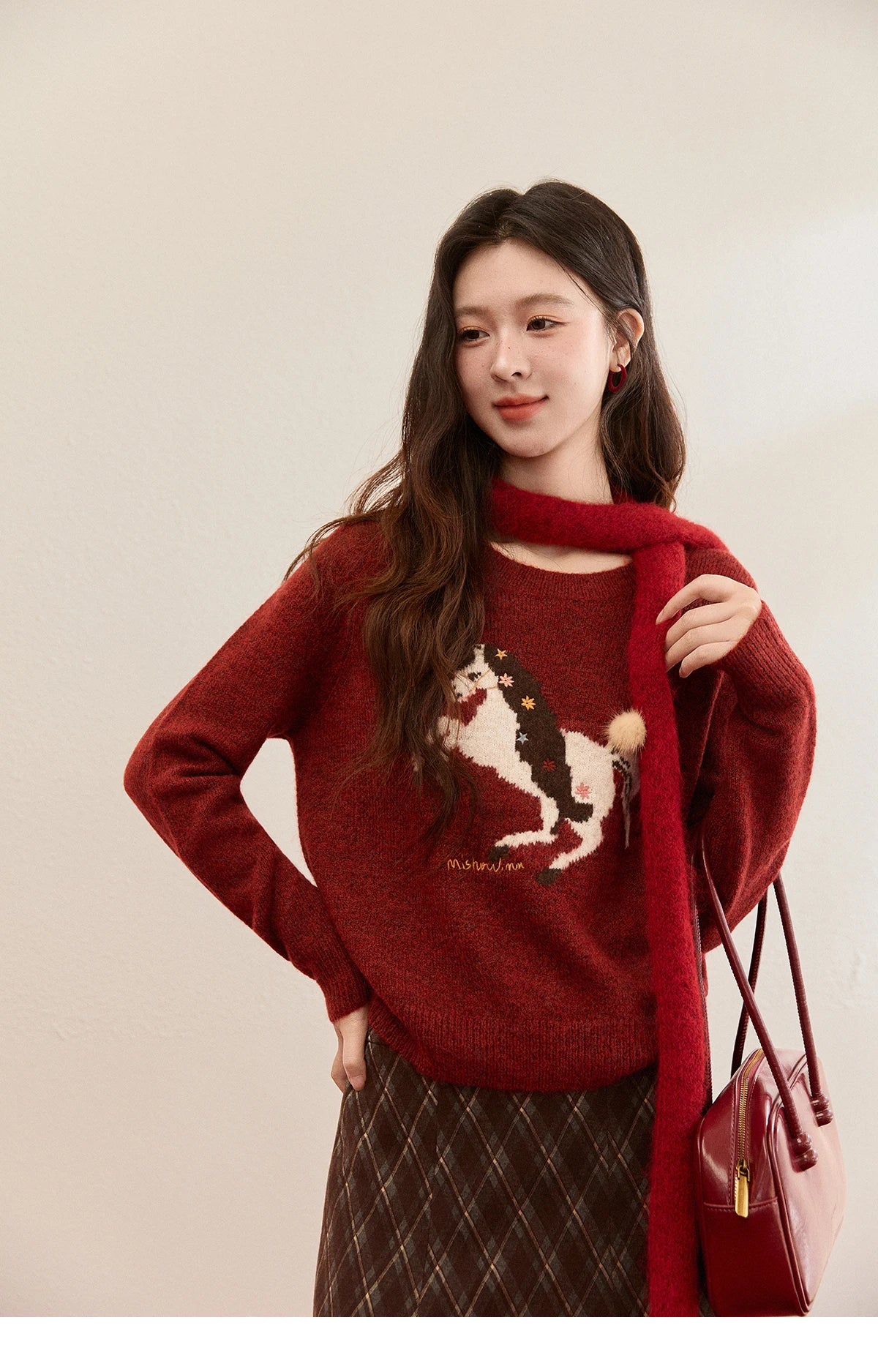MISHOW Women's Christmas Red Jacquard Embroidered Pony Sweater 2025 Winter Thick Knitted Tops (Scarf Not Included) MXE94Z2861