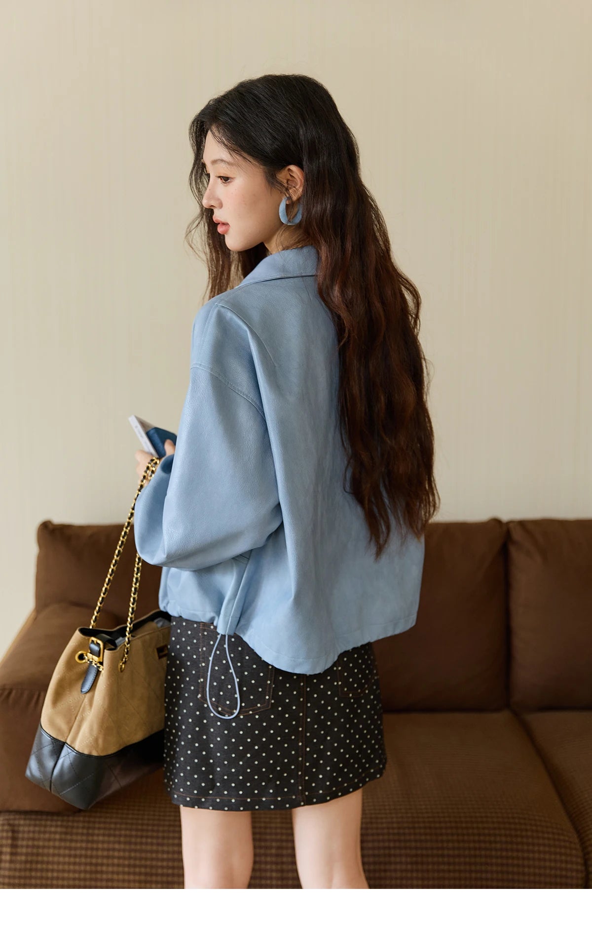 MISHOW Women's Blue Short Jacket 2025 Autumn Hip-hop Style Loose Zipper Coat Commute Pu Leather Lapel Fashion Jackets MXE45W0822