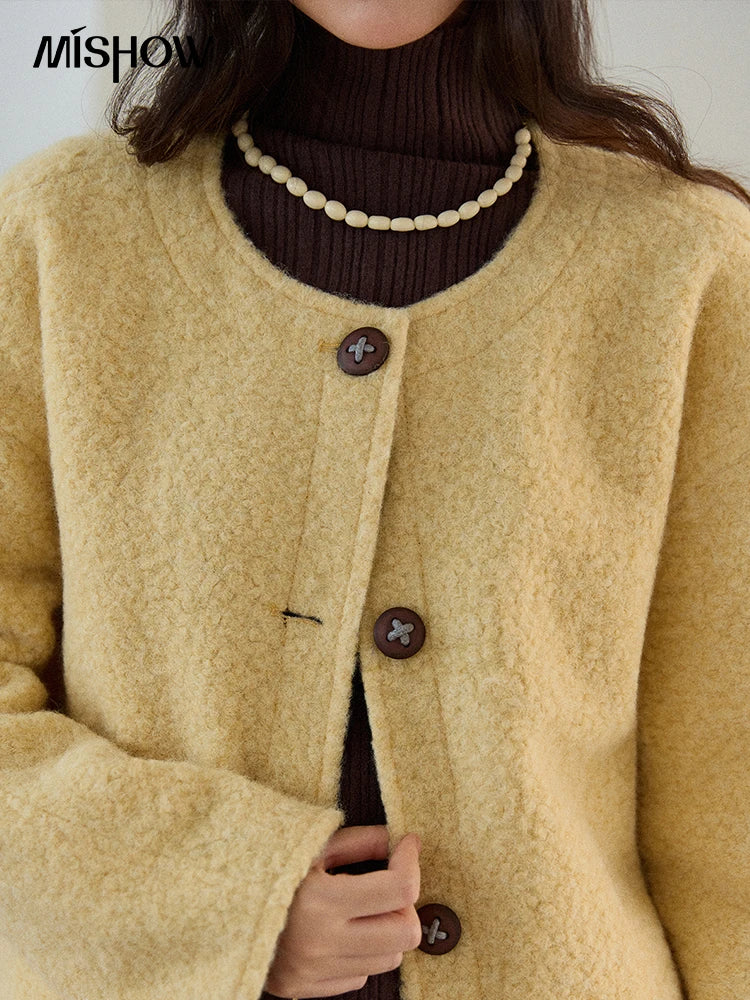 MISHOW Women's Brown Jacket 2025 Winter Retro Warm Round Neck Wool Quilted Coat Commute Short Loose Thick Coat Woman MXE87W0935