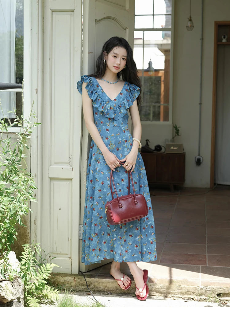 MISHOW Women's Fashion V-neck Ruffled Floral Dress Summer 2025 Flying Sleeve Waist Lace Up Casual Vacation Dresses MXE39L2436