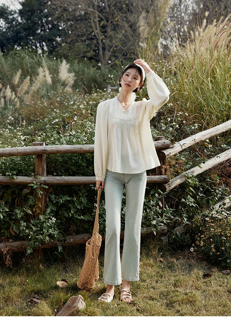 MISHOW Women's Lyocell Blouse 2025 Spring Summer Lace V-neck Commuting Top Puff Sleeve Solid Loose Blouse Office Lady MXE15X1735