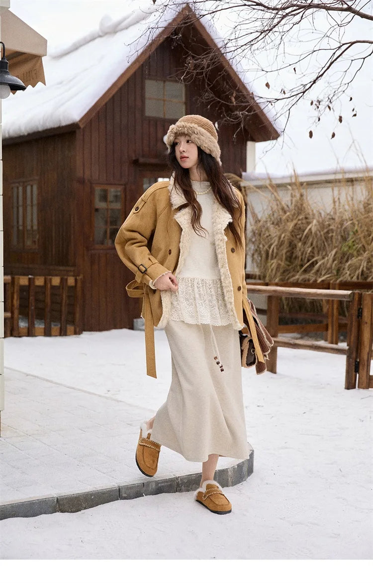 MISHOW Woman Brown Skirt 2025 Retro High Waist Loose Fitting Half Body Skirt with Back Split Straight Leg Long Skirt MXE90B2447