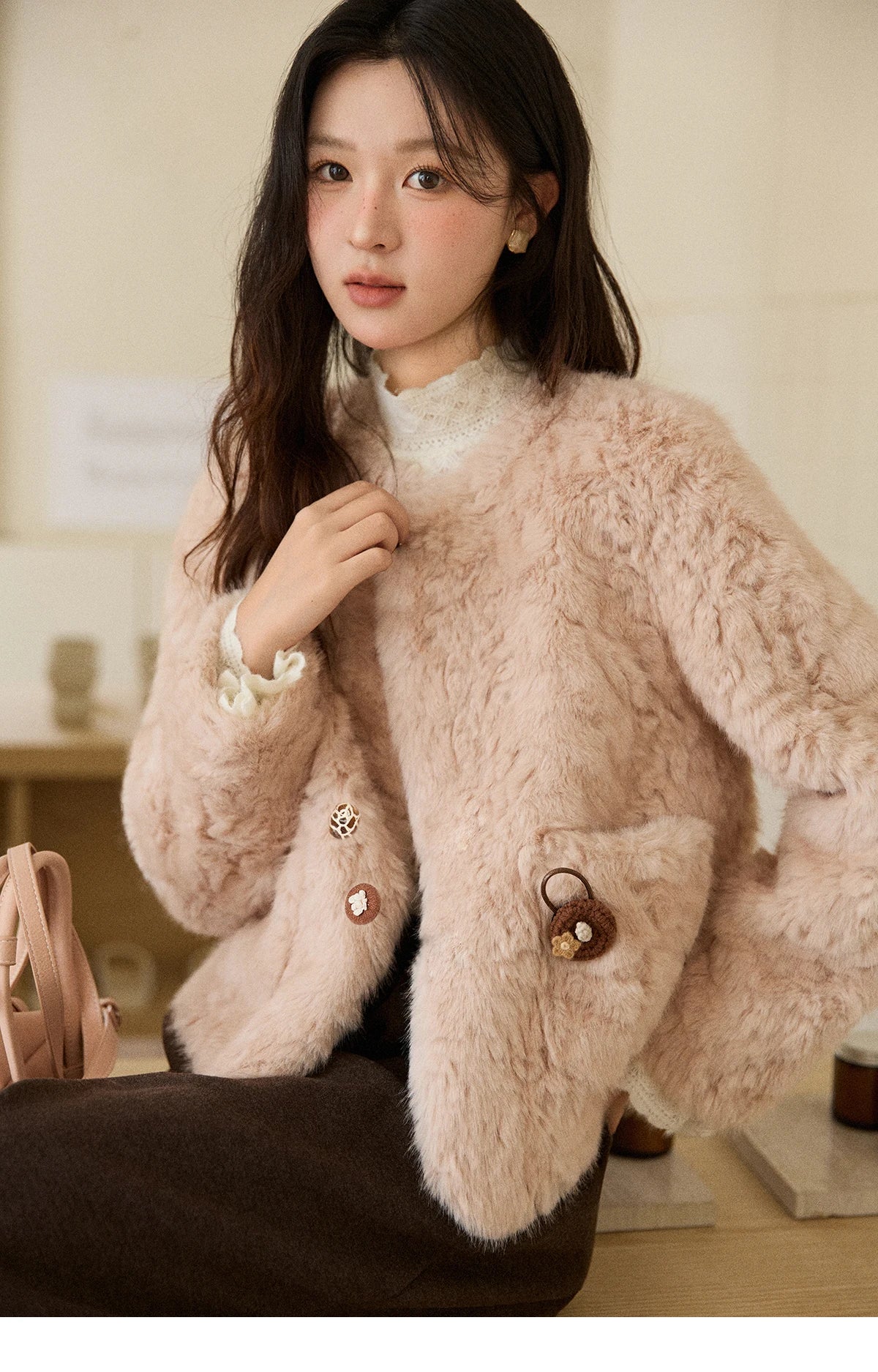 MISHOW Women's Winter Jacket 2025 Sweet Pink Faux Rabbit Fur Coat with Pockets Handcrafted Vintage Buttons Outerwear MXE87W0990