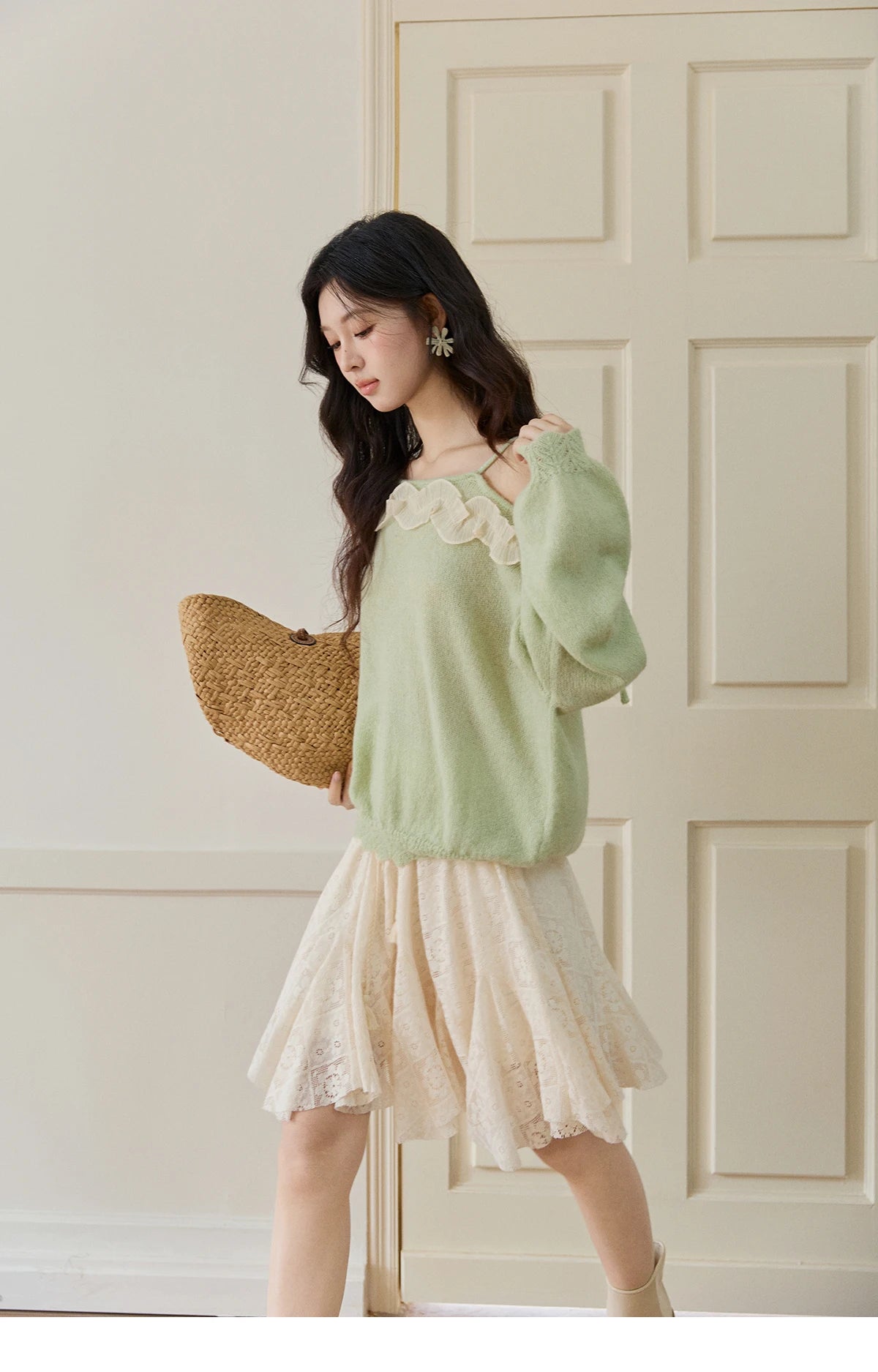 MISHOW Women's Light Green Knit Sweater 2026 Spring Asymmetrical Side Exposed Shoulder Tops Ruffled Casual Loose Top MXF108Z1027