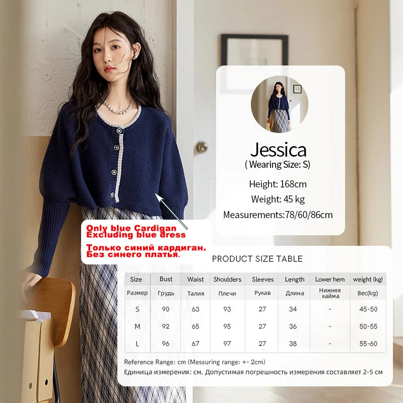 MISHOW French Vintage Dress O Neck Knitted Cardigan Separately Women Sweet Knitted Short Sweater Plaid Camisole Dress MXD43L2012